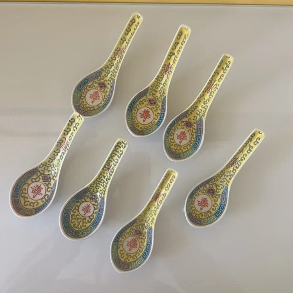 China Jingdezhen Wanshou Porcelain Soup Spoons Yellow Hand Painted Set of 7